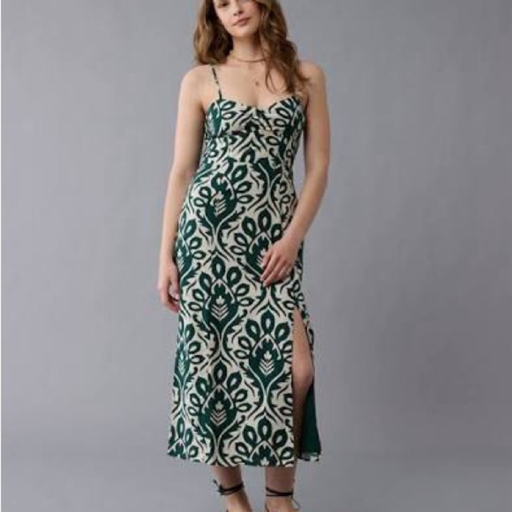 American Eagle Catie Corset Green Patterned Midi Dress medium